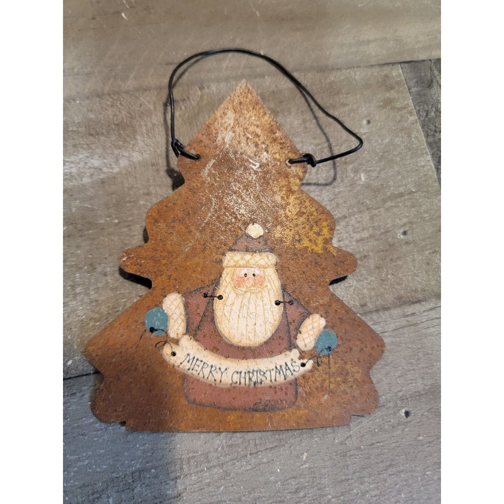 Rusted‎ metal Pine Tree Santa merry Xmas ornament decor
